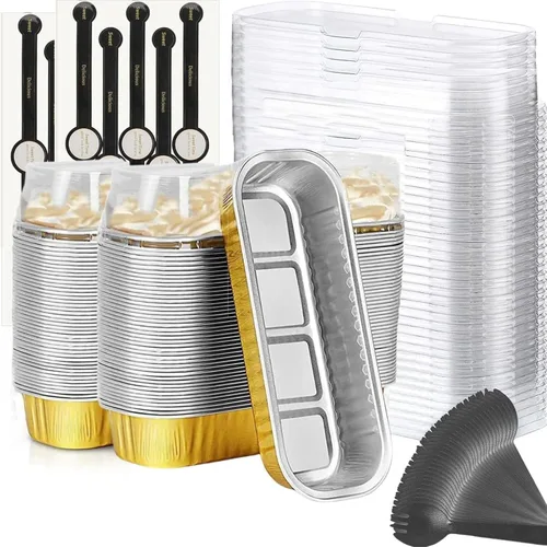 Miniatura 20 de Findful Mini Moldes para Hornear Pan con Tapas y Cucharas (Paquete de 50, 6.8oz) Moldes Rectangulares de Papel de Aluminio para Hornear Recipientes