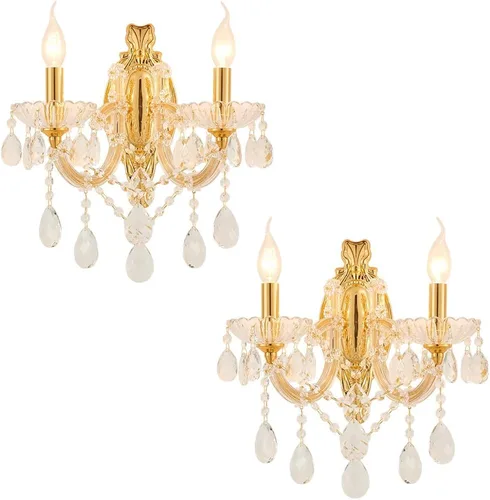 Miniatura 11 de YLONG-ZS Aplique de pared de cristal de campo francés, 2 luces envejecidas estilo vela de oro blanco con cristales de lágrima, decoración