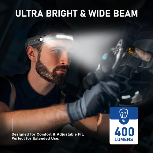 Miniatura 2 de Nessciera Linterna frontal recargable (paquete de 2), linterna de cabeza LED, luz de diadema de haz ancho de 230°, 400 lúmenes súper brillante, Negro