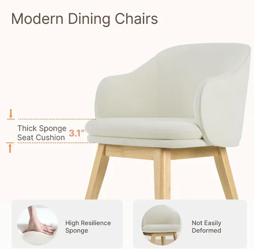 Miniatura 4 de KISLOT Juego de 2 sillas de comedor de madera, tapizadas de tela, modernas, con respaldo de barril y cojín grueso de doble capa para sala de estar