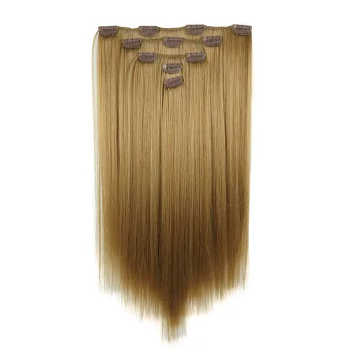 Miniatura 6 de Lydell Juego de 5 extensiones de cabello sintético con clip de 20 pulgadas de largo y lacio para mujer (12TT26 marrón con reflejos)
