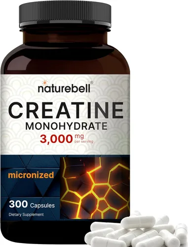 NatureBell Cápsulas de monohidrato de creatina de 3,000 mg por porción, 300 unidades | Píldoras de creatina micronizadas y sin sabor | Soporte para