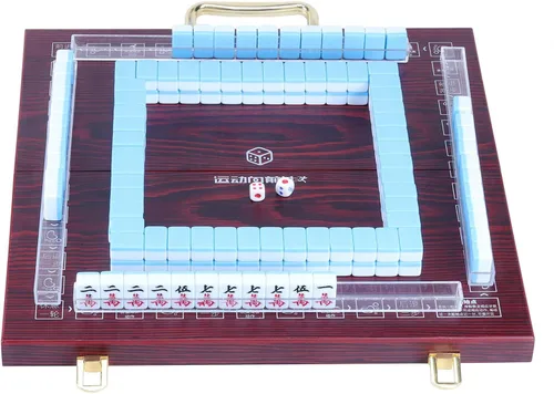 Juego de mahjong chino en miniatura con mesa plegable 144 mini-azulejos, estuche y accesorios, juego de viaje (azul, 0.866 in)