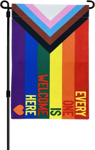 FLAGWIN Banderas de orgullo del progreso de Everyone is Welcome Here, 12 x 18 pulgadas, bandera de orgullo LGBTQ de jardín con colores vivos y