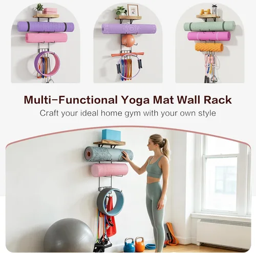 Miniatura 6 de VINAEMO - Soporte para esterilla de yoga, accesorios, organizador de montaje en pared, almacenamiento, decoración, rodillo de espuma y Negro