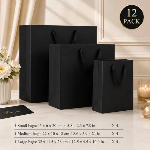 Miniatura 3 de Offizon 12 bolsas de regalo negras, bolsas de regalo con papel de seda