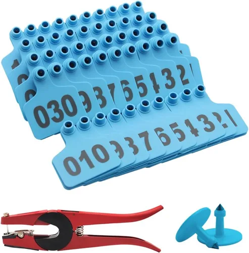 Etiquetas de oreja de ganado para 001-100 Kit de alicates de etiqueta de oreja de vacas (azul)