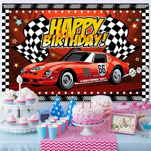 Miniatura 6 de Telón de fondo de feliz cumpleaños de 7 x 5 pies, cartel de fiesta de coche de carreras, pista de carreras, fondo de fotos a cuadros negros