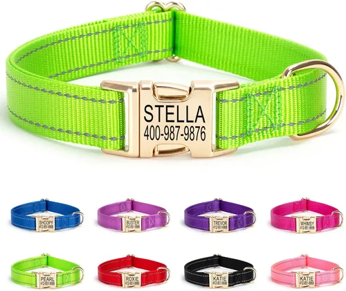 Miniatura 24 de Collar de perro personalizado con etiqueta de nombre, collar de nailon reflectante para mascotas, collares de perro con hebilla grabada Rosa