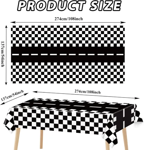 Miniatura 2 de Mantel de plástico de 3 piezas con dos decoraciones de cumpleaños rápido, con bandera a cuadros, funda de mesa desechable para niños