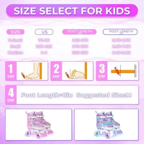 Miniatura 5 de MammyGol Patines de Ruedas para Niñas Niños, 4 Tamaños Ajustables Patines Cuádruples para Niños Pequeños Interiores Exteriores Edades 3-8, Rosa Azul