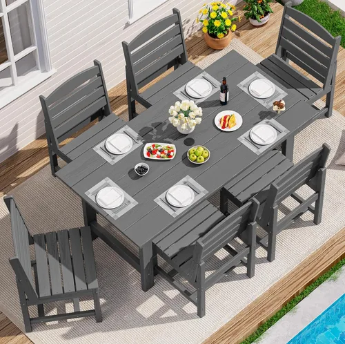 Miniatura 45 de SERWALL Juego de Mesa de Comedor de HDPE para Exteriores, Juego de 7 Piezas de Mesa de Comedor al Aire Libre con Mesa con Corte para Agujero de Gris