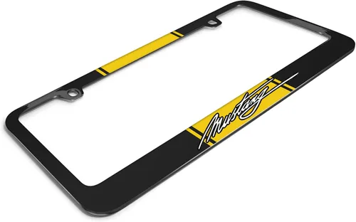 Miniatura 3 de iPick Image Hecho para Ford Mustang Script Amarillo Racing Stripe Marco de matrícula de metal negro