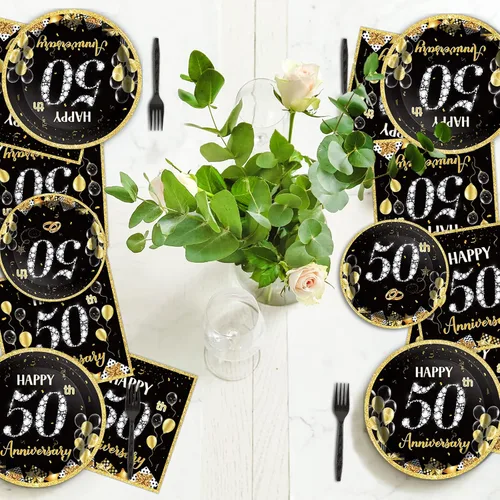 Miniatura 5 de 96 Piezas Platos de Papel Servilletas Tenedores para Fiesta de 50 Aniversario Empleado Carrera Boda 50 Aniversario Oro Negro Vajilla Desechable