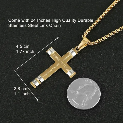 Miniatura 17 de HZMAN - Collar de acero inoxidable con colgante de cruz de fuerza, 3 colores disponibles, texto bíblico en inglés Filipenses 4:13
