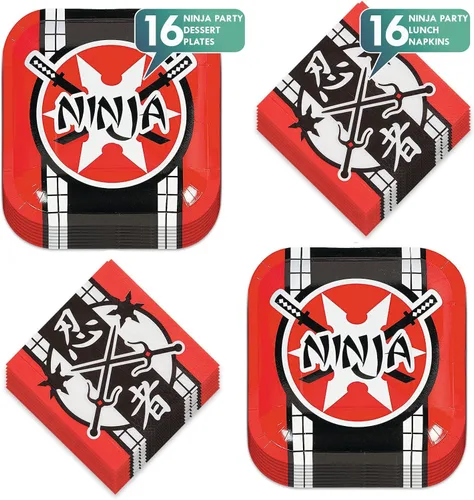 Miniatura 2 de HOME & HOOPLA Ninja Warrior - Suministros para fiestas de karate – Juego de platos cuadrados de papel para pastel de postre y servilletas