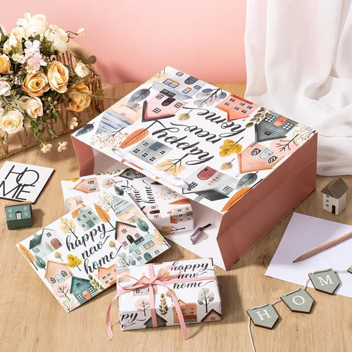 Miniatura 6 de WRAPAHOLIC Bolsa de regalo de 13 pulgadas con tarjeta y papel de seda, bolsas de papel de diseño Greeny House para inauguración de la casa, regalo