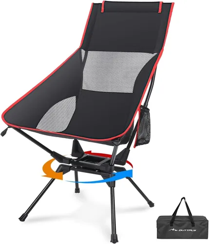 Silla de camping de respaldo alto, silla plegable giratoria con soporte para la cabeza, bolsillo lateral para tazas, rotación flexible de 360°,