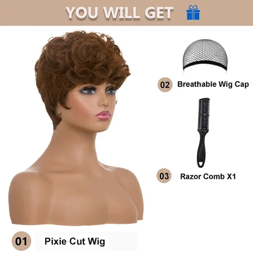 Miniatura 2 de MOONSHOW - Pelucas cortas de corte Pixie para mujeres negras, peluca de corte Pixie marrón Short Pixie Wigs for Black Women Natural Layered Short