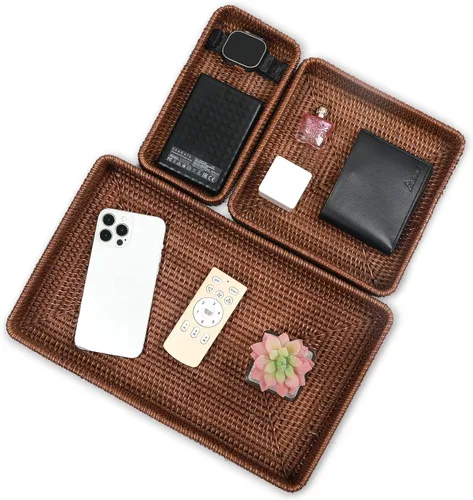 Miniatura 6 de Juego de 3 bandejas de ratán, bandeja rectangular tejida, bandeja decorativa de mimbre, organizador de tocador de mesa de café, encimera de cocina