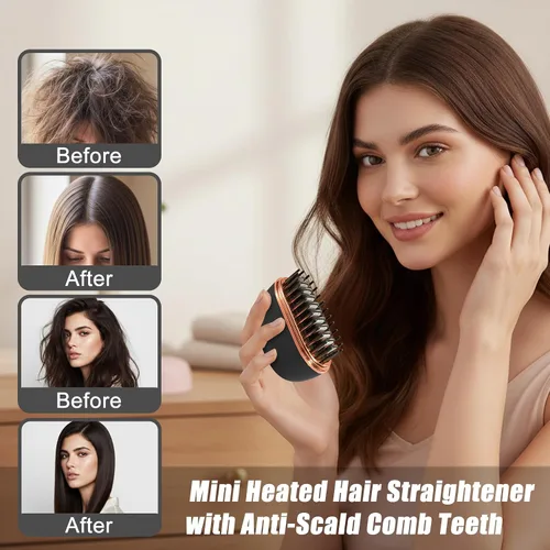 Miniatura 2 de Mini alisador de pelo, cepillo Glam inalámbrico portátil, control de temperatura de 3 velocidades, peine caliente de viaje recargable para mujeres