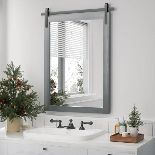 PAIHOME Espejo de baño de granja para sobre el fregadero, espejo de tocador gris de 24 x 36 pulgadas con marco de madera de fresno, espejo rústico