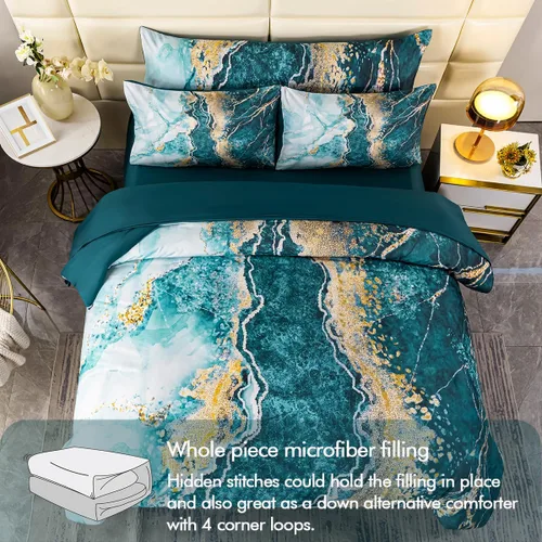 Miniatura 4 de PERFEMET Juego de edredón de 6 piezas tamaño Full, color oro aguamarina, ropa de cama en una bolsa, edredón de mármol acuarela con sábanas, suave
