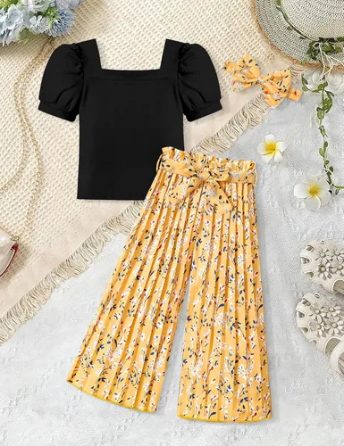 Miniatura 11 de DONWEN Conjunto de 3 piezas de ropa para niñas pequeñas y niñas con cuello cuadrado + pantalones elegantes + diadema para primavera y verano