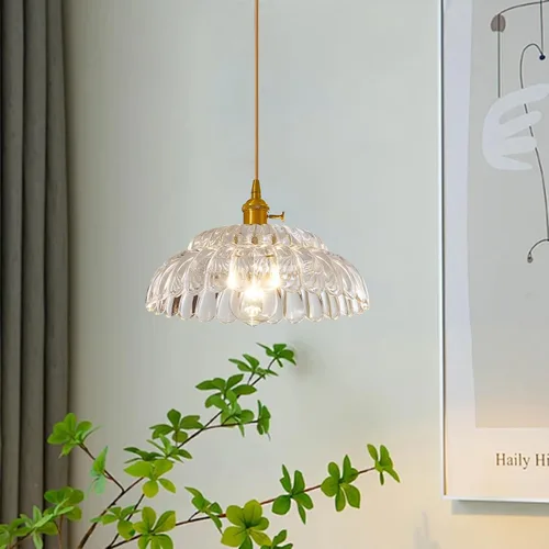 Lámpara colgante de vidrio transparente con pantalla a rayas, lámpara colgante vintage de latón ajustable para cocina, isla, fregadero, comedor,
