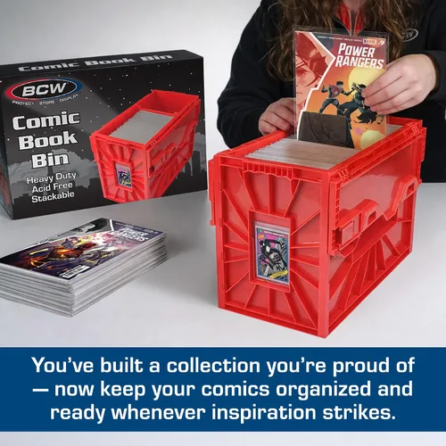 Miniatura 2 de BCW Recipiente corto para cómics Capacidad para 150 cómics Almacenamiento de plástico apilable Organizador sin ácido Rojo, paquete de 2