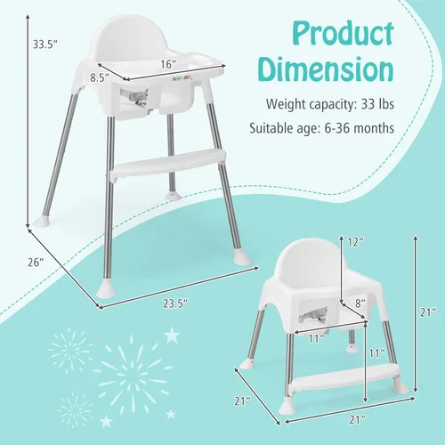 Miniatura 6 de BABY JOY Silla alta para bebé, 4 en 1, trona convertible para bebés y niños pequeños con patas ajustables, doble bandeja extraíble, arnés de Blanco