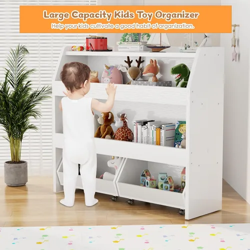 Miniatura 5 de COZPAW Organizador de almacenamiento de juguetes, estante Montessori de 3 niveles con contenedores móviles (blanco)