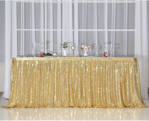 Miniatura 4 de PartyDelight Falda de mesa de lentejuelas doradas de 4 pies para mesa redonda/rectangular/cuadrada para fiesta de cumpleaños, boda, Navidad