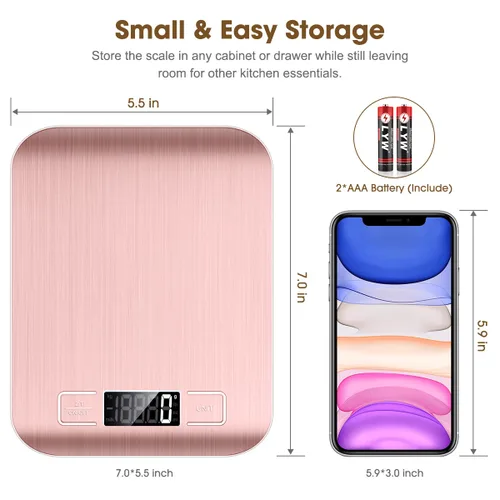 Miniatura 2 de Mik-Nana Báscula de cocina digital rosa de 22.0 lbs/22 libras, peso gramos y onzas para hornear y cocinar, graduación precisa de 1 g/0.1 oz, acero