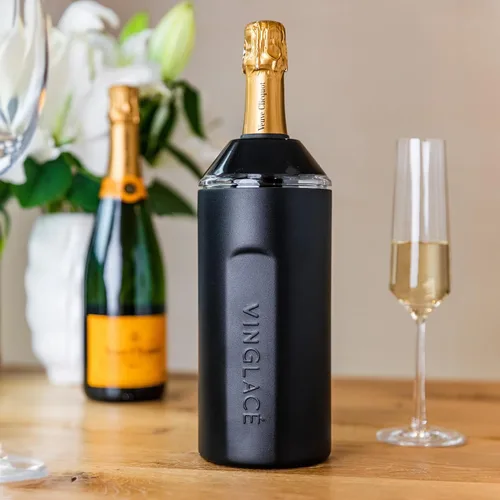 Miniatura 3 de Vinglacé Juego de regalo enfriador de botellas de vino, enfriador de vino portátil de acero inoxidable con 2 copas de vino sin tallo, color negro