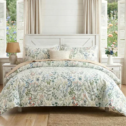 Miniatura 3 de Juego de edredón floral verde, tamaño King, edredón 100% algodón, 3 piezas, suave, ligero, reversible, retro, floral, para todas las estaciones