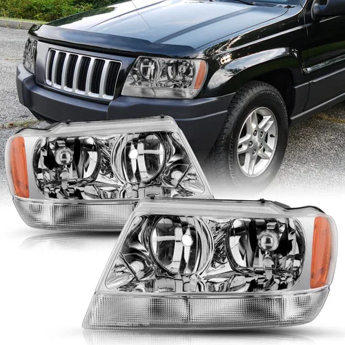 Miniatura 12 de SOCKIR Conjunto de faros delanteros compatible con Jeep Grand Cherokee 1999-2004 halógeno (carcasa negra, parte inferior ámbar, con bombillas)