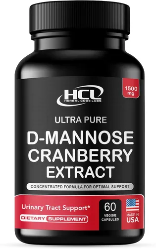 HCL HERBAL CODE LABS Cápsulas de D-manosa con extracto de arándano de 1500 mg - Suplemento D-manosa de grado USP de alta potencia con polvo de