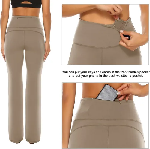 Miniatura 3 de AFITNE - Pantalones de yoga con corte de bota con bolsillos para mujer de talle alto pantalones de yoga para entrenamiento con control de abdomen