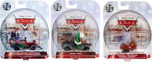 Disney Pixar Cars Holiday Christmas Special Edition Winter Series - Paquete de fundición a presión de 3 autos – Mater, Lightning McQueen y moto de