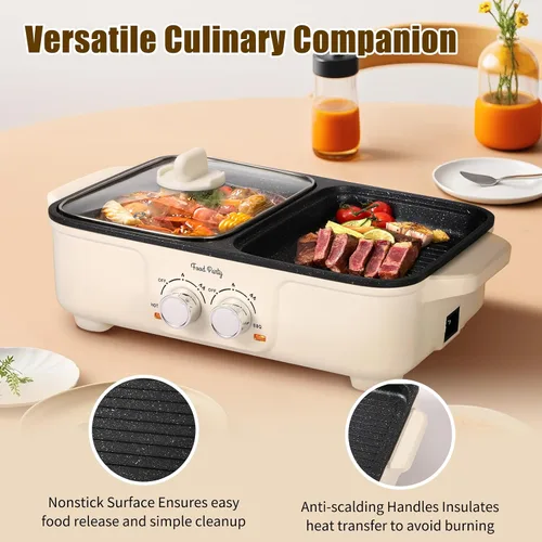 Miniatura 4 de Food Party Parrilla Eléctrica Hot Pot 2 en 1 Parrilla Coreana BBQ Interior Sin Humo Olla Eléctrica Hotpot Sahabu Shabu Pot Antiadherente (Pequeño)