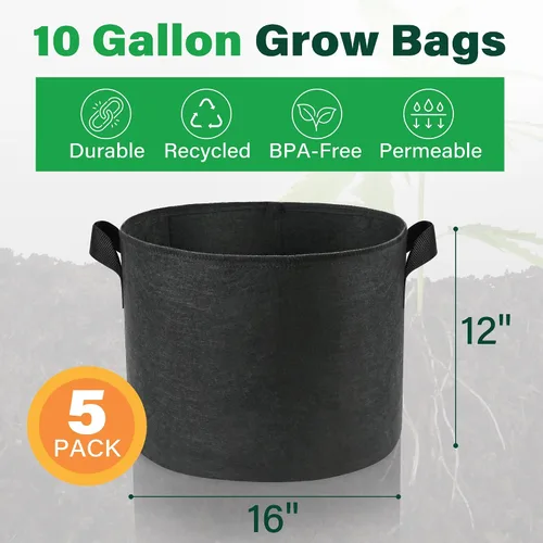Miniatura 2 de LotFancy Paquete de 5 bolsas de cultivo de 10 galones, macetas de tela de aireación no tejida gruesa de 10.58 oz con asas reforzadas, contenedores