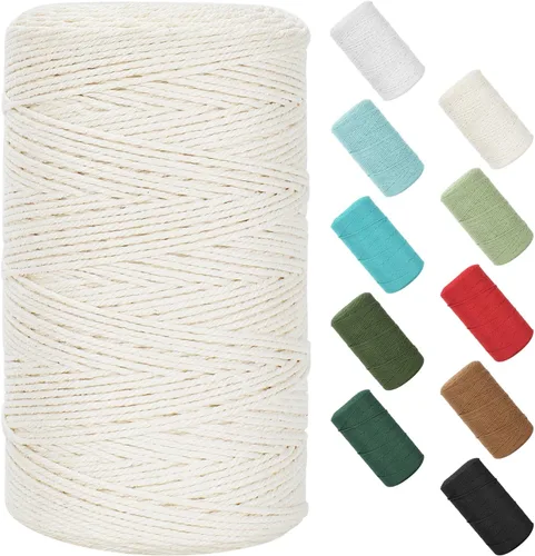 Cordón de macramé de 0.079 in x 380 yardas (1140 pies), cuerda de algodón natural para colgar en la pared, ganchos de plantas, manualidades, Beige