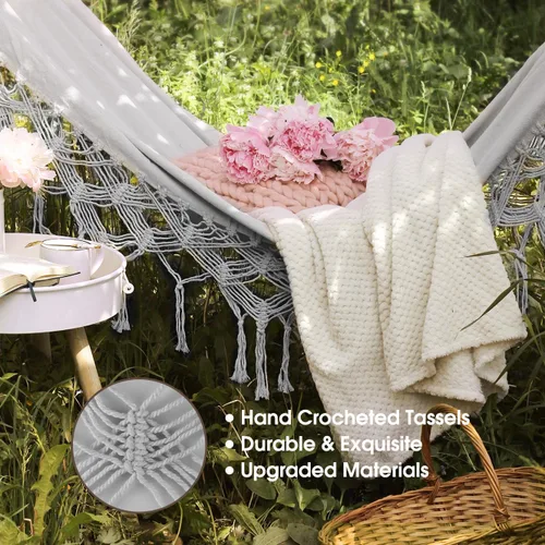 Miniatura 4 de MOSFiATA Hamaca para patio trasero con borlas de un máximo de 500 libras, tela de lona estilo bohemio con cuerda gruesa y bolsa de transporte