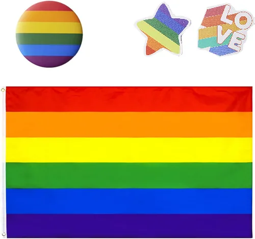 Miniatura 10 de Bandera trans para pared y exteriores de 3 x 5 pies con 1 pin de bandera transgénero y 2 calcomanías de arco iris al azar, cosas del orgullo gay