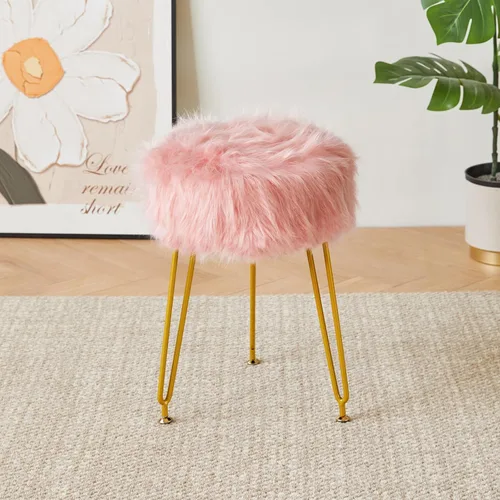 Miniatura 14 de IBUYKE Taburete de Vanidad Redondo de Piel Sintética con Almacenamiento, Silla Otomana de Maquillaje Peluda, Asiento Acolchado Suave, Reposapiés