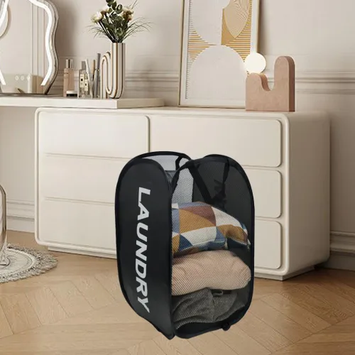 Miniatura 8 de Cestas de lavandería desplegables, cestas plegables de malla para la lavandería, paquete de 2 cestas de ropa negras para el hogar, dormitorio, viajes