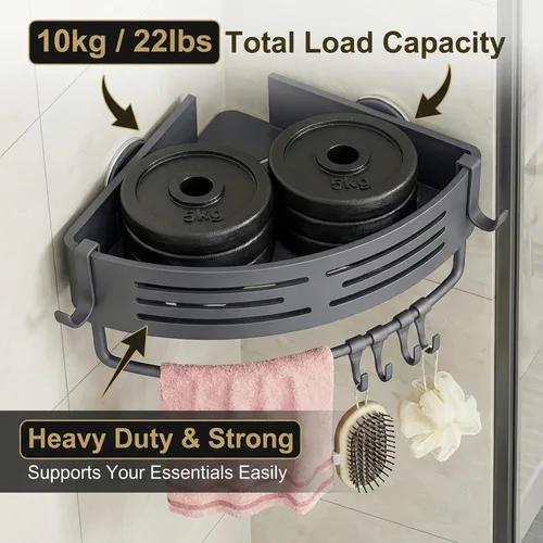 Miniatura 6 de Paquete de 1 organizador de ducha esquinero, estante de ducha con ventosa sin taladro, con toallero, organizador de baño de aluminio