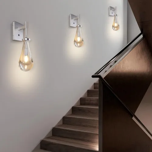 Miniatura 2 de HuisMier Aplique de Pared de Níquel Cepillado, Apliques de Pared Gota de Lluvia con Botón Interruptor de Encendido/Apagado, Moderna Lámpara de Pared