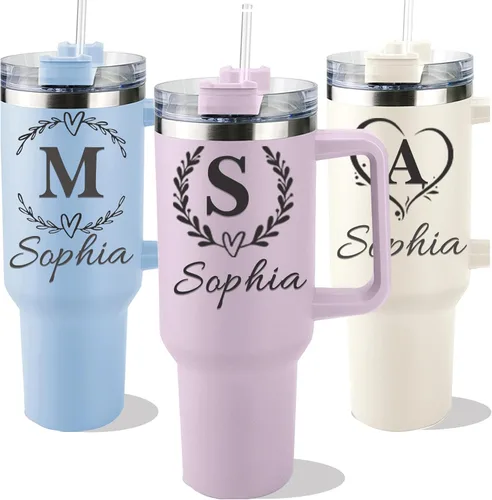 Miniatura 9 de Se envía al día siguiente, vaso térmico de 40 onzas con asa y sorbete con flor de nacimiento, vaso personalizado con nombre, taza aislada 02-Vaso